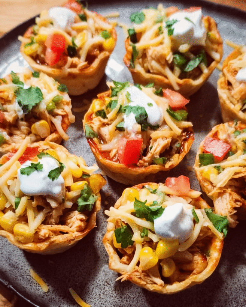 Golden cheesy chicken enchilada cups baked in a muffin tin