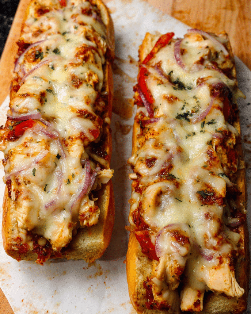 Cheesy chicken garlic bread baked with melted mozzarella and peppers