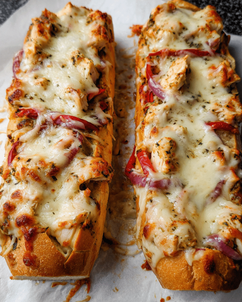Cheesy chicken garlic bread baked with melted mozzarella and peppers