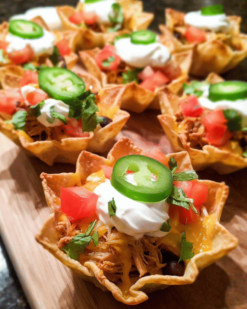 Cheesy Chicken Nacho Cups baked in muffin pan with fresh toppings