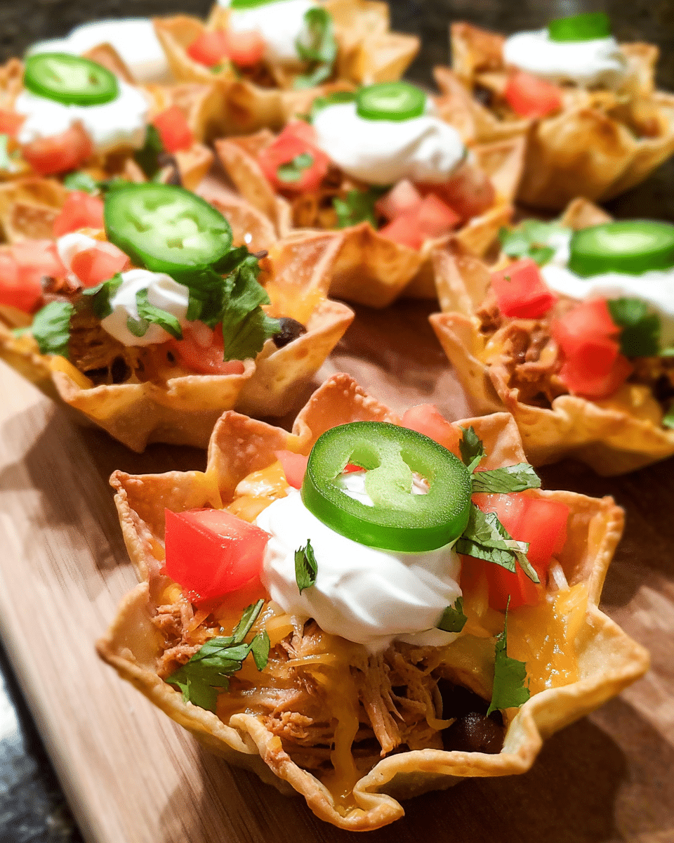 Cheesy Chicken Nacho Cups baked in muffin pan with fresh toppings