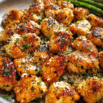 Golden Cheesy Chicken Parmesan Bites in skillet with parsley
