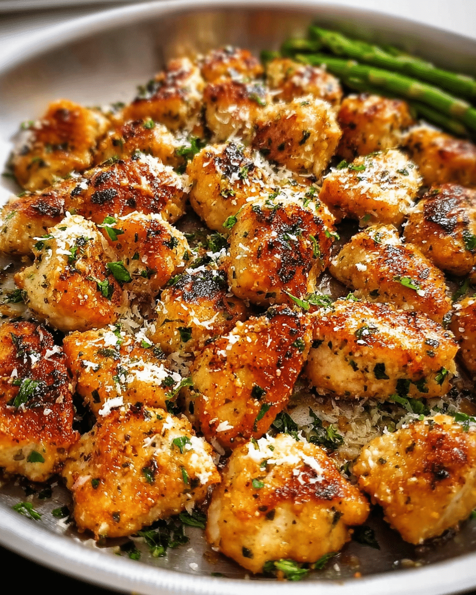 Golden Cheesy Chicken Parmesan Bites in skillet with parsley