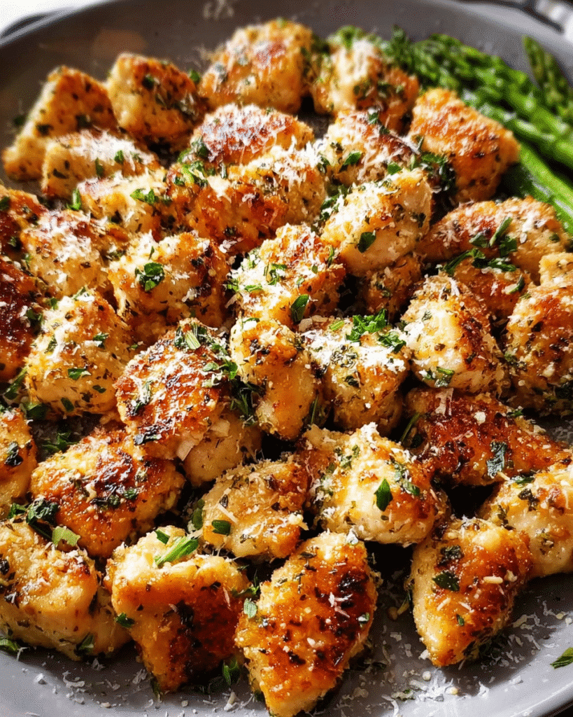 Golden Cheesy Chicken Parmesan Bites in skillet with parsley
