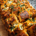 Cheesy Chicken Ranch Pull Apart Bread fresh out of the oven, golden and bubbling with melted cheese.