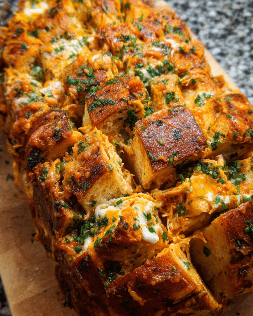 Cheesy Chicken Ranch Pull Apart Bread fresh out of the oven, golden and bubbling with melted cheese.