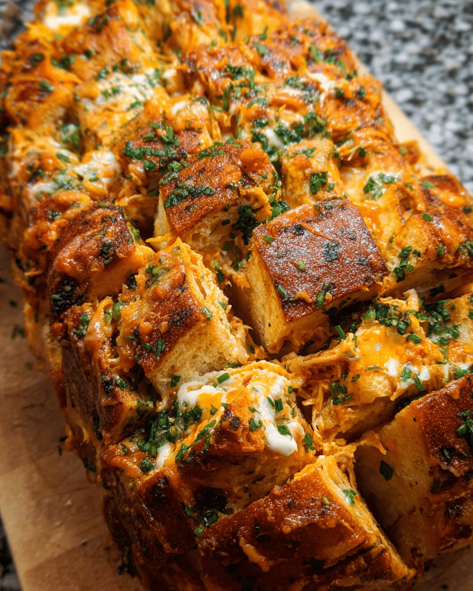 Cheesy Chicken Ranch Pull Apart Bread fresh out of the oven, golden and bubbling with melted cheese.