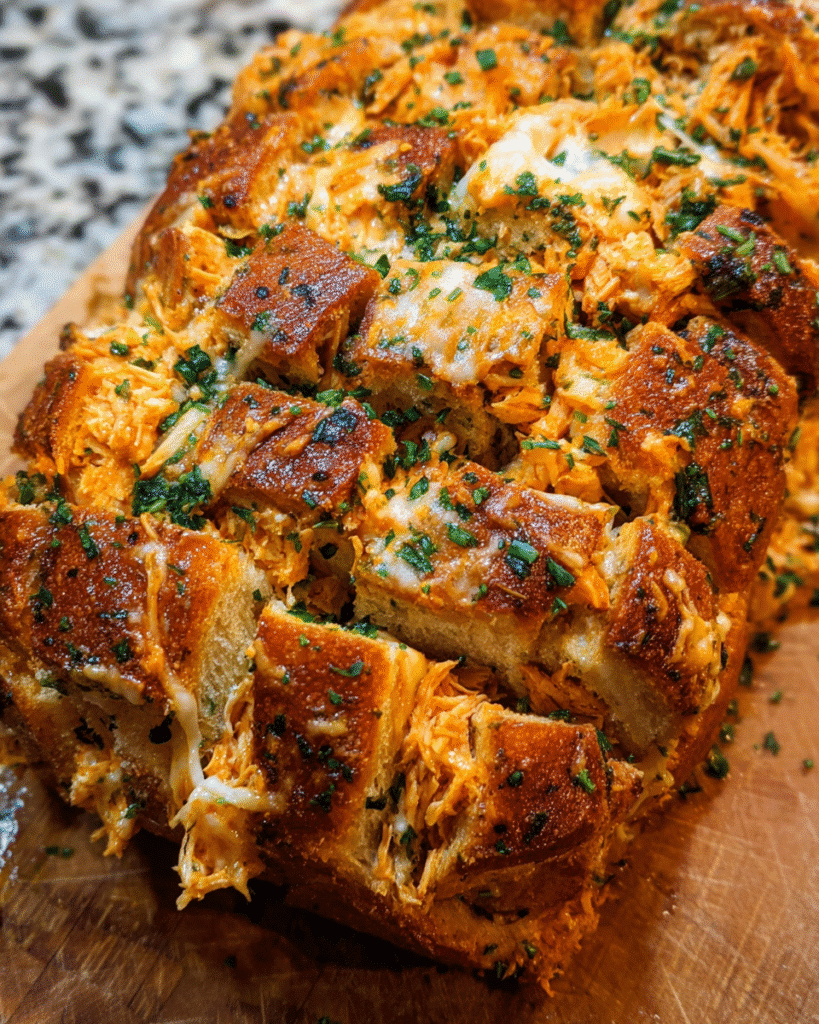 Cheesy Chicken Ranch Pull Apart Bread fresh out of the oven, golden and bubbling with melted cheese.