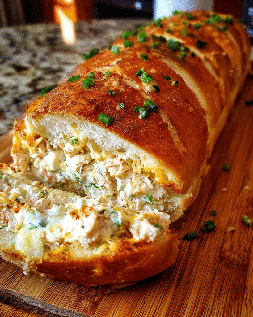 Cheesy Chicken Ranch Stuffed Bread sliced and served warm