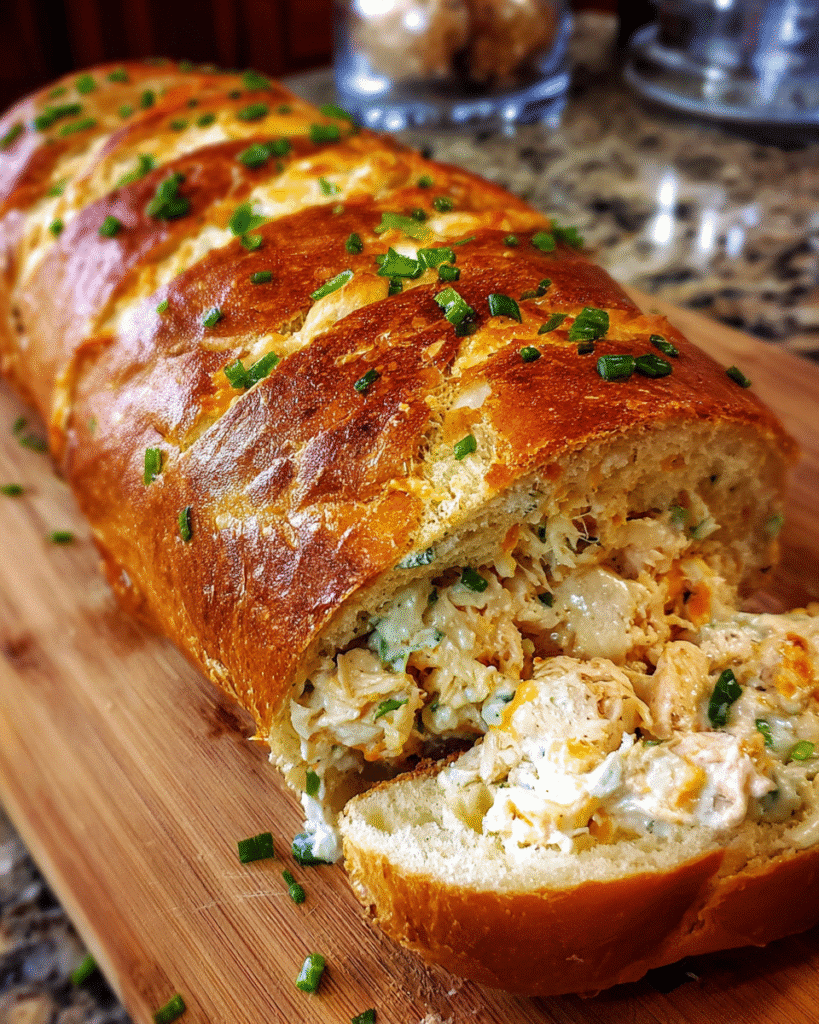 Cheesy Chicken Ranch Stuffed Bread sliced and served warm