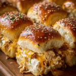 Golden baked cheesy chicken sliders with sesame seed tops in a baking dish