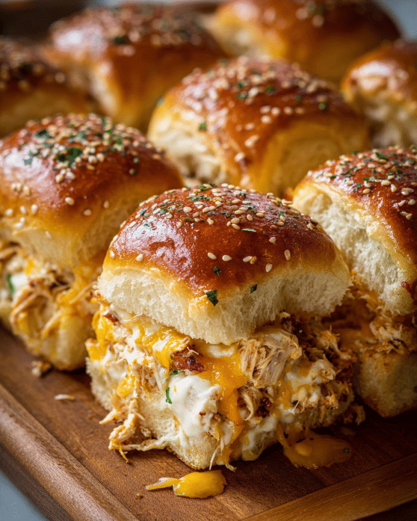 Golden baked cheesy chicken sliders with sesame seed tops in a baking dish