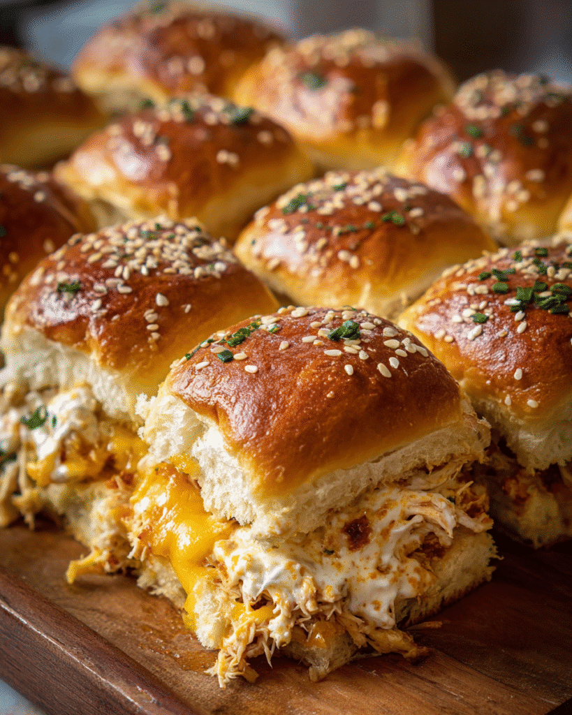 Golden baked cheesy chicken sliders with sesame seed tops in a baking dish
