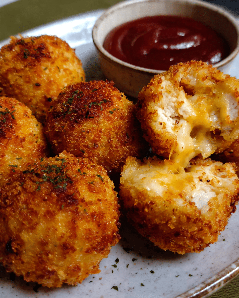 Cheesy Chicken Stuffed Potato Balls with melted cheddar center