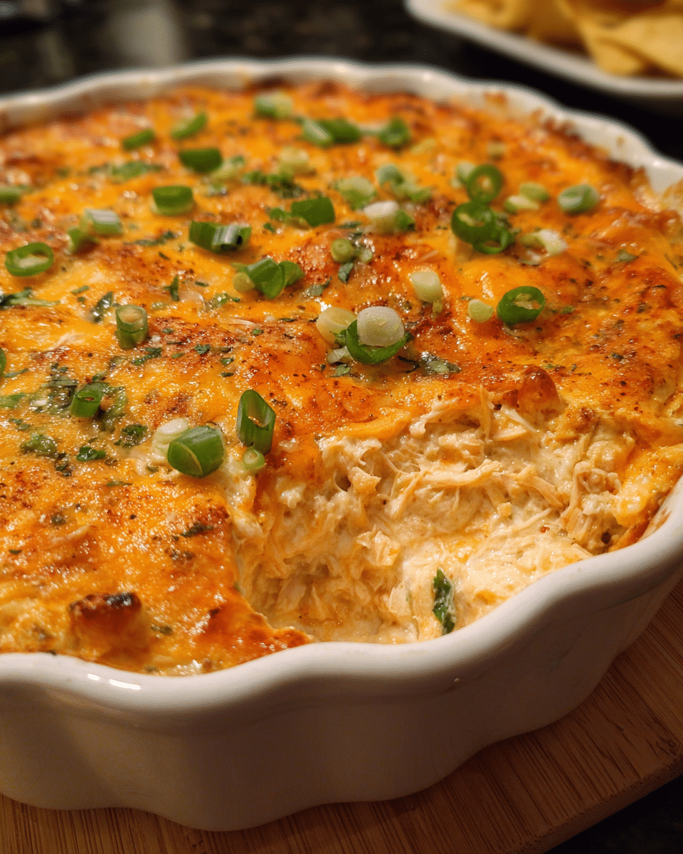 Cheesy Chicken Taco Dip baked until golden and bubbly