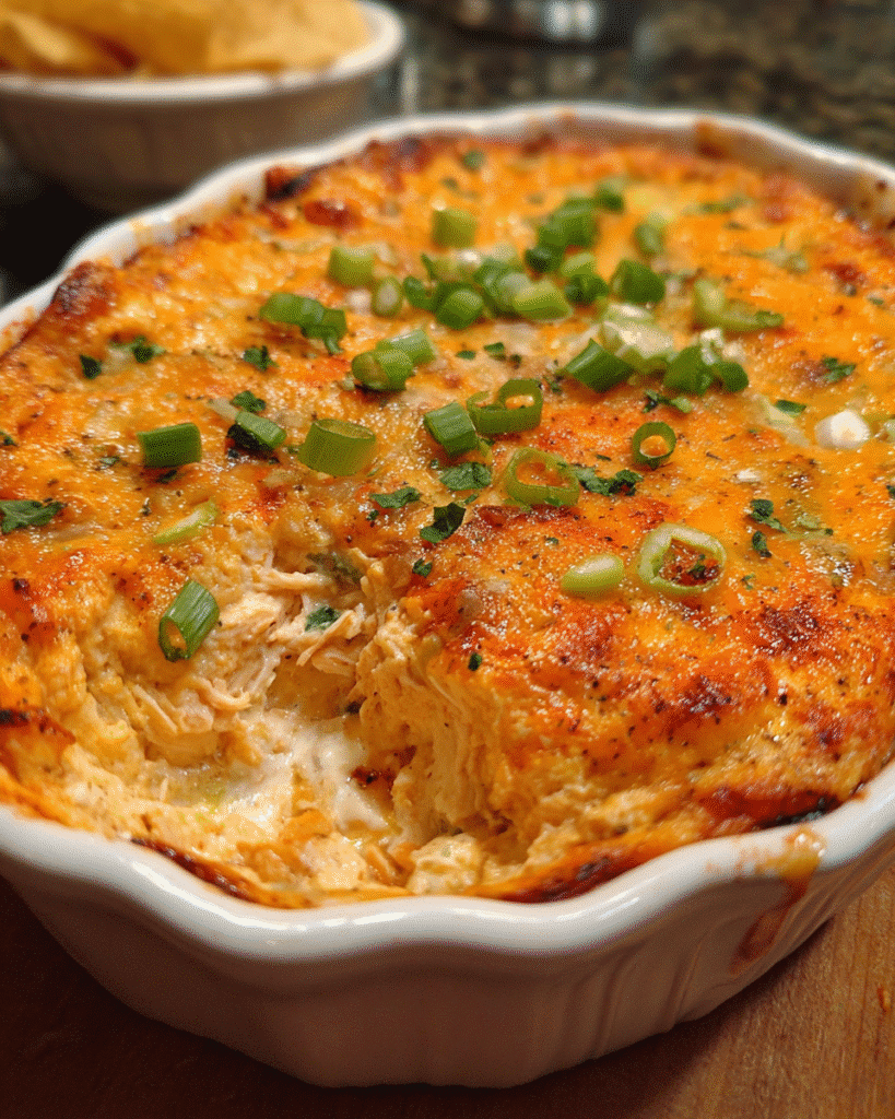 Cheesy Chicken Taco Dip baked until golden and bubbly
