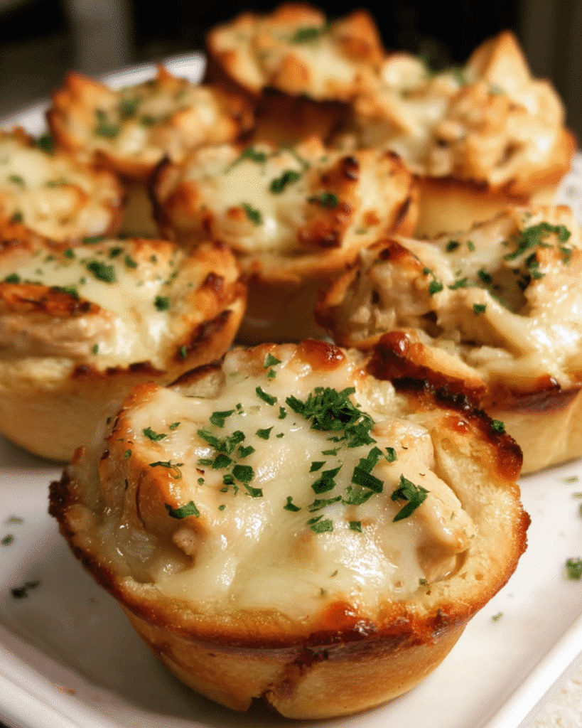 Chicken Alfredo Biscuit Cups baked golden in a muffin tin