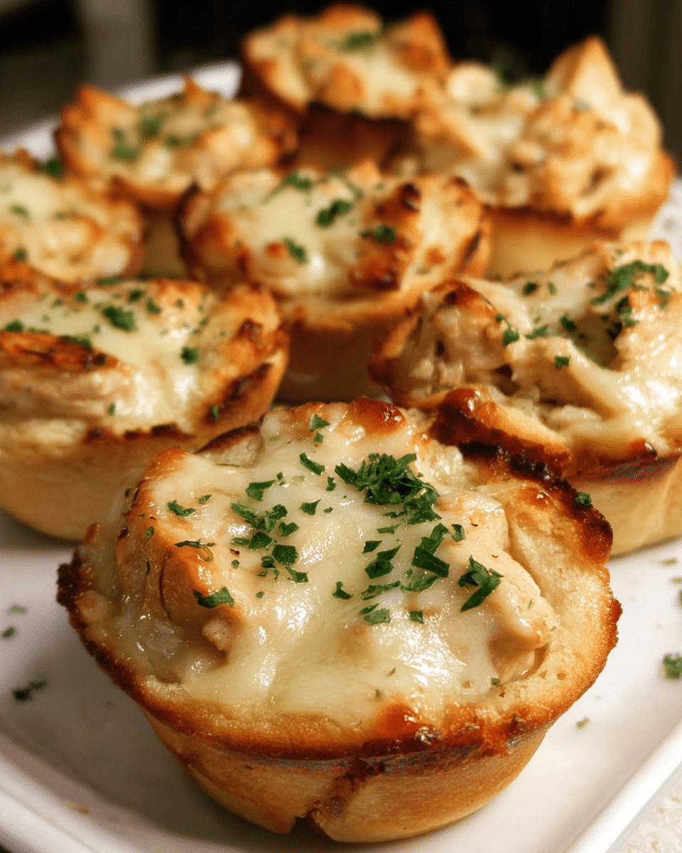 Chicken Alfredo Biscuit Cups baked golden in a muffin tin