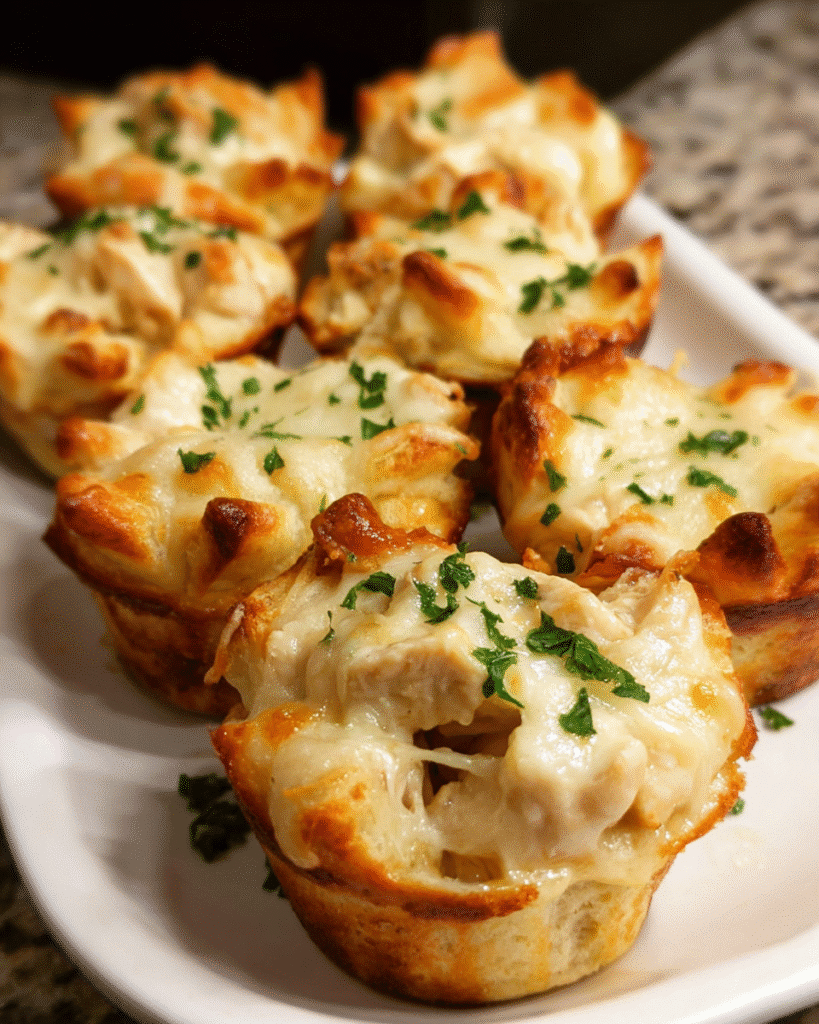 Chicken Alfredo Biscuit Cups baked golden in a muffin tin