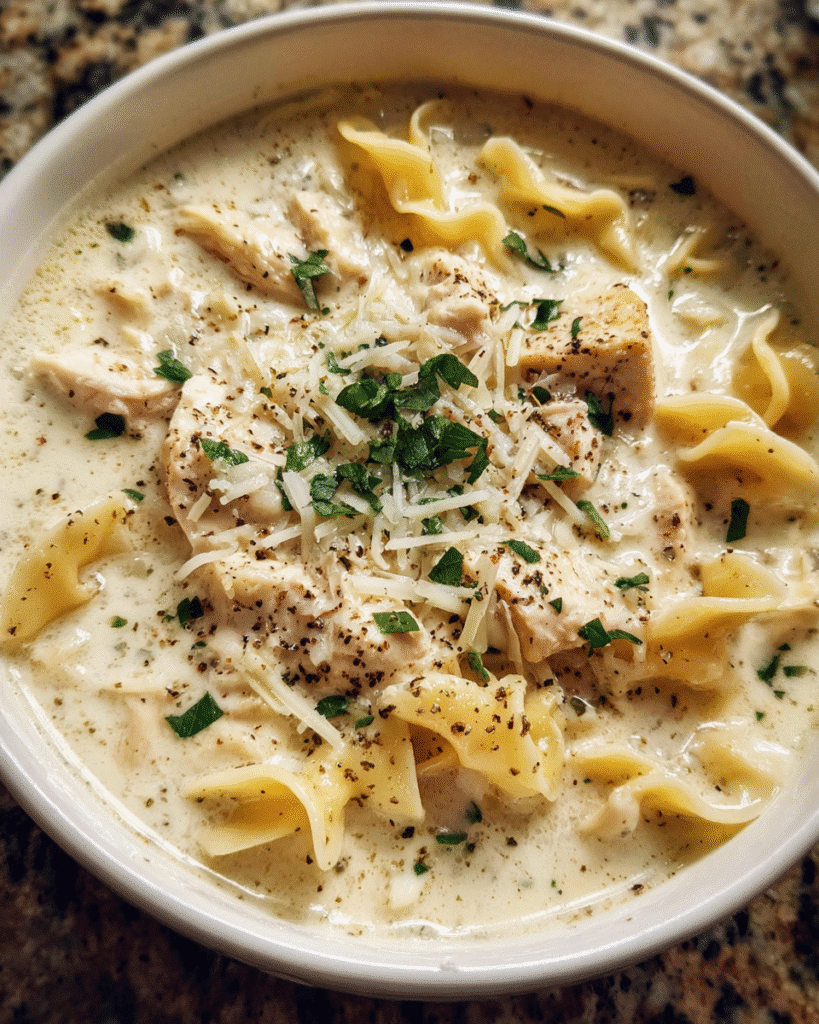 Bowl of Chicken Alfredo Chowder with fresh herbs