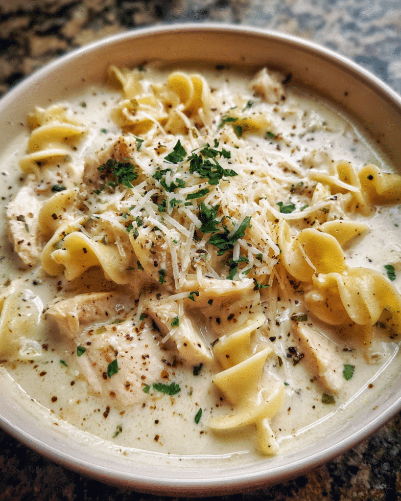 Bowl of Chicken Alfredo Chowder with fresh herbs
