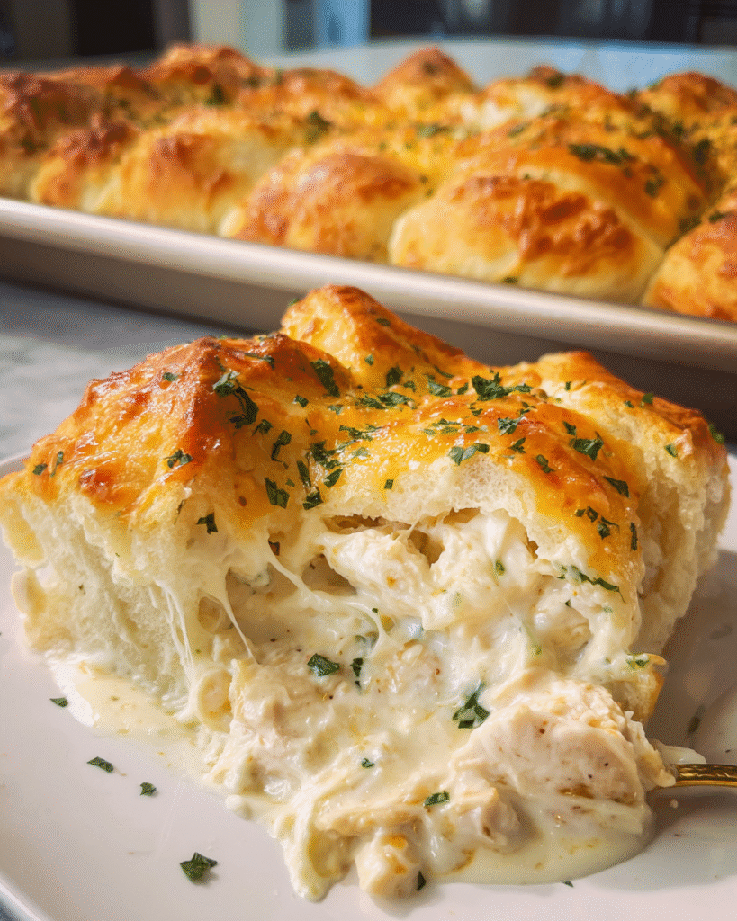 Chicken Alfredo Crescent Rolls baked with creamy Alfredo sauce and melted mozzarella