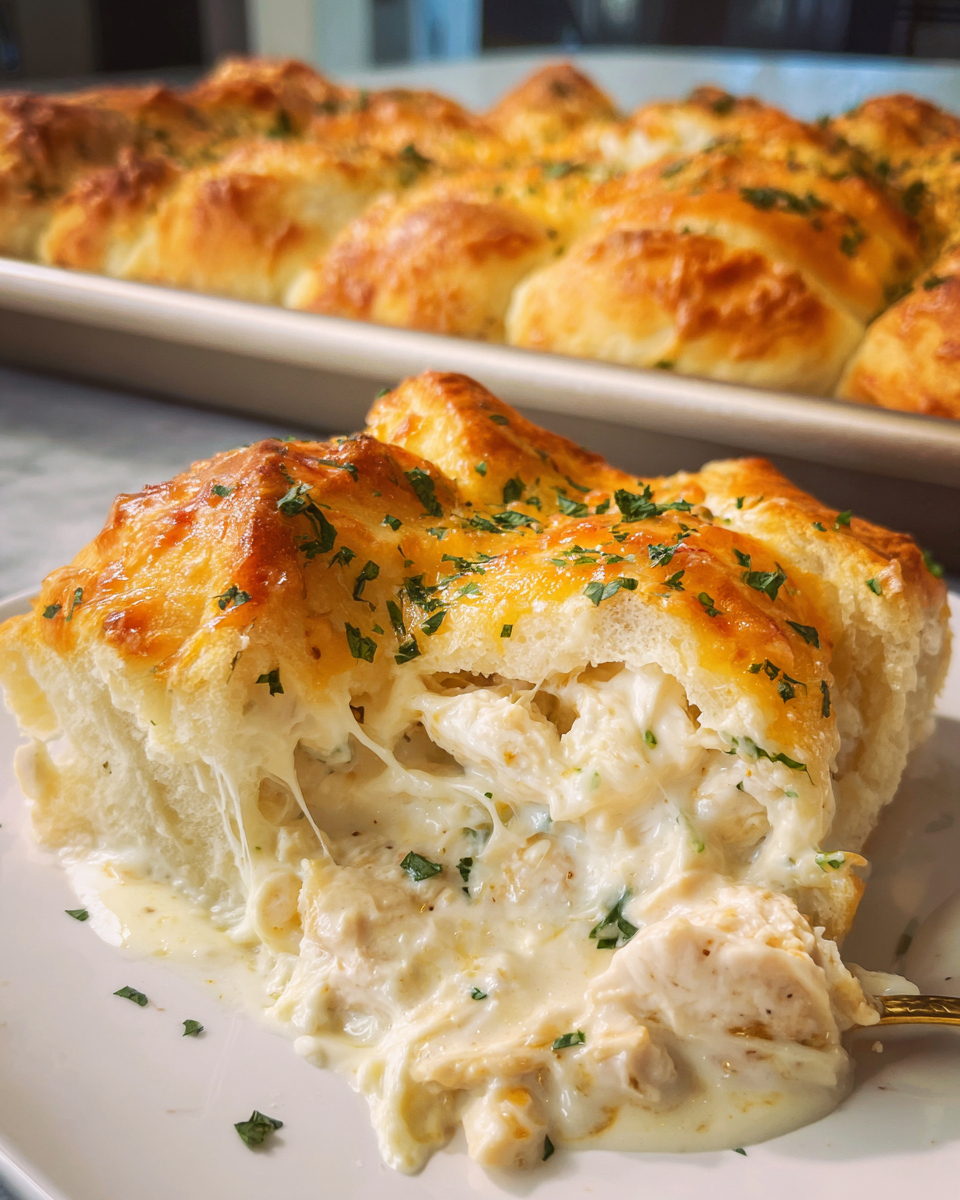 Chicken Alfredo Crescent Rolls baked with creamy Alfredo sauce and melted mozzarella