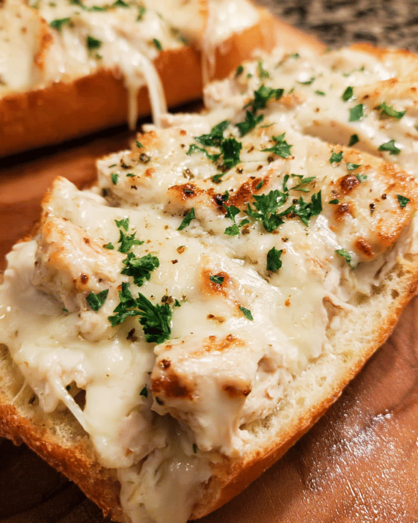 Chicken Alfredo French Bread Pizza sliced with melted mozzarella and parsley garnish