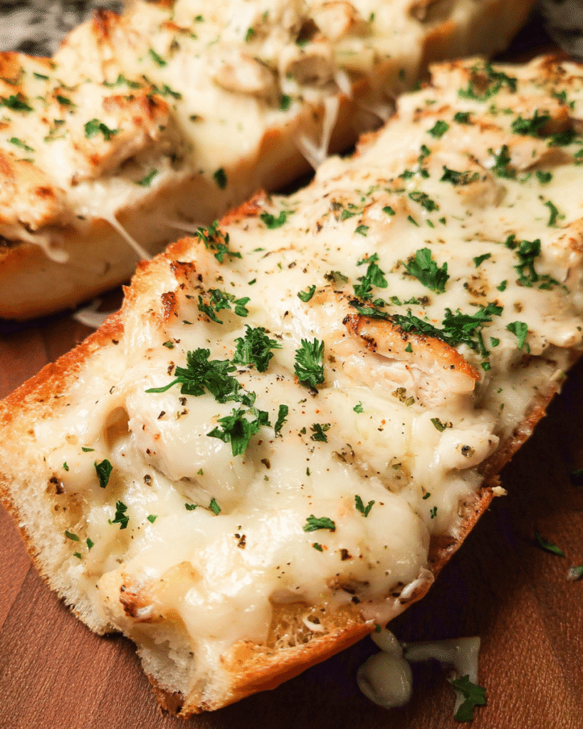 Chicken Alfredo French Bread Pizza sliced with melted mozzarella and parsley garnish