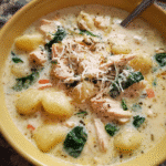 Bowl of creamy Chicken Alfredo Gnocchi Soup with spinach and Parmesan on top