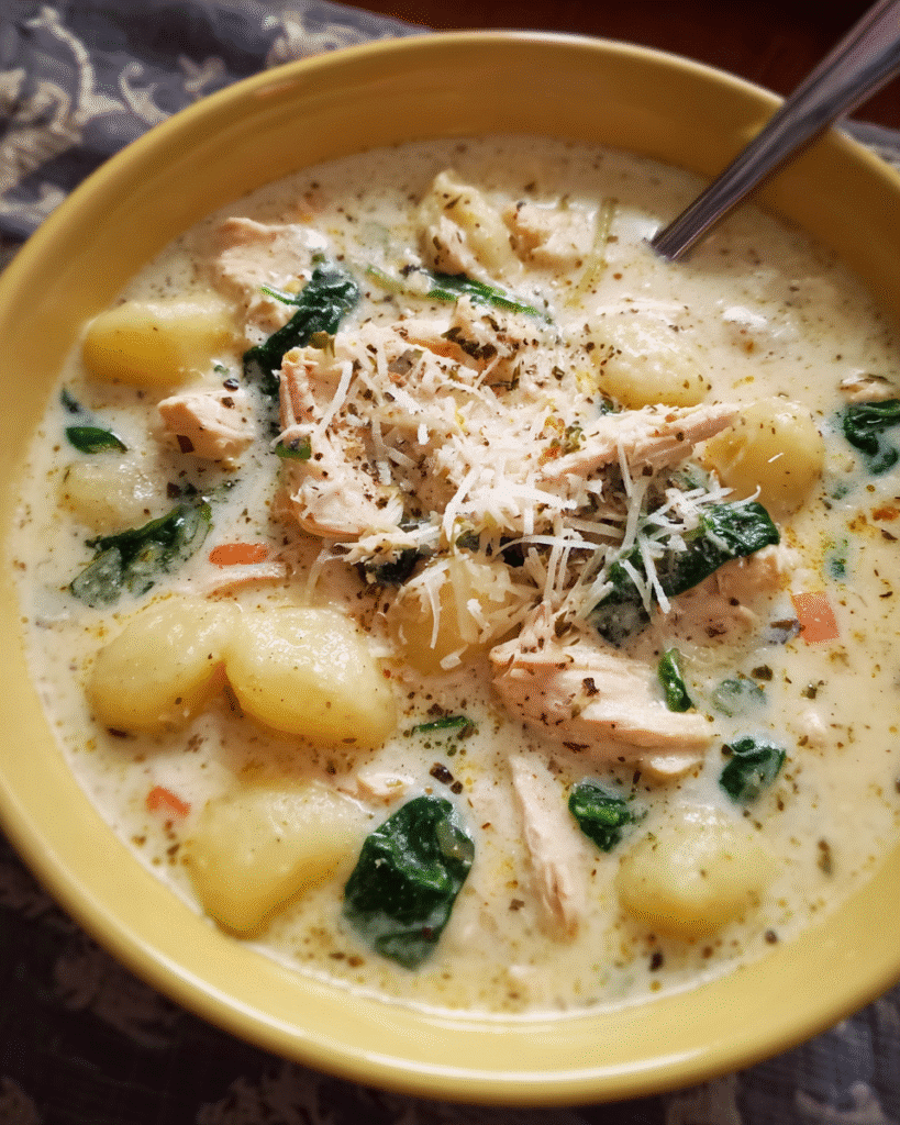 Bowl of creamy Chicken Alfredo Gnocchi Soup with spinach and Parmesan on top