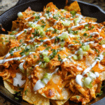 Chicken Alfredo Nacho Skillet with melted cheese and buffalo chicken in cast iron pan