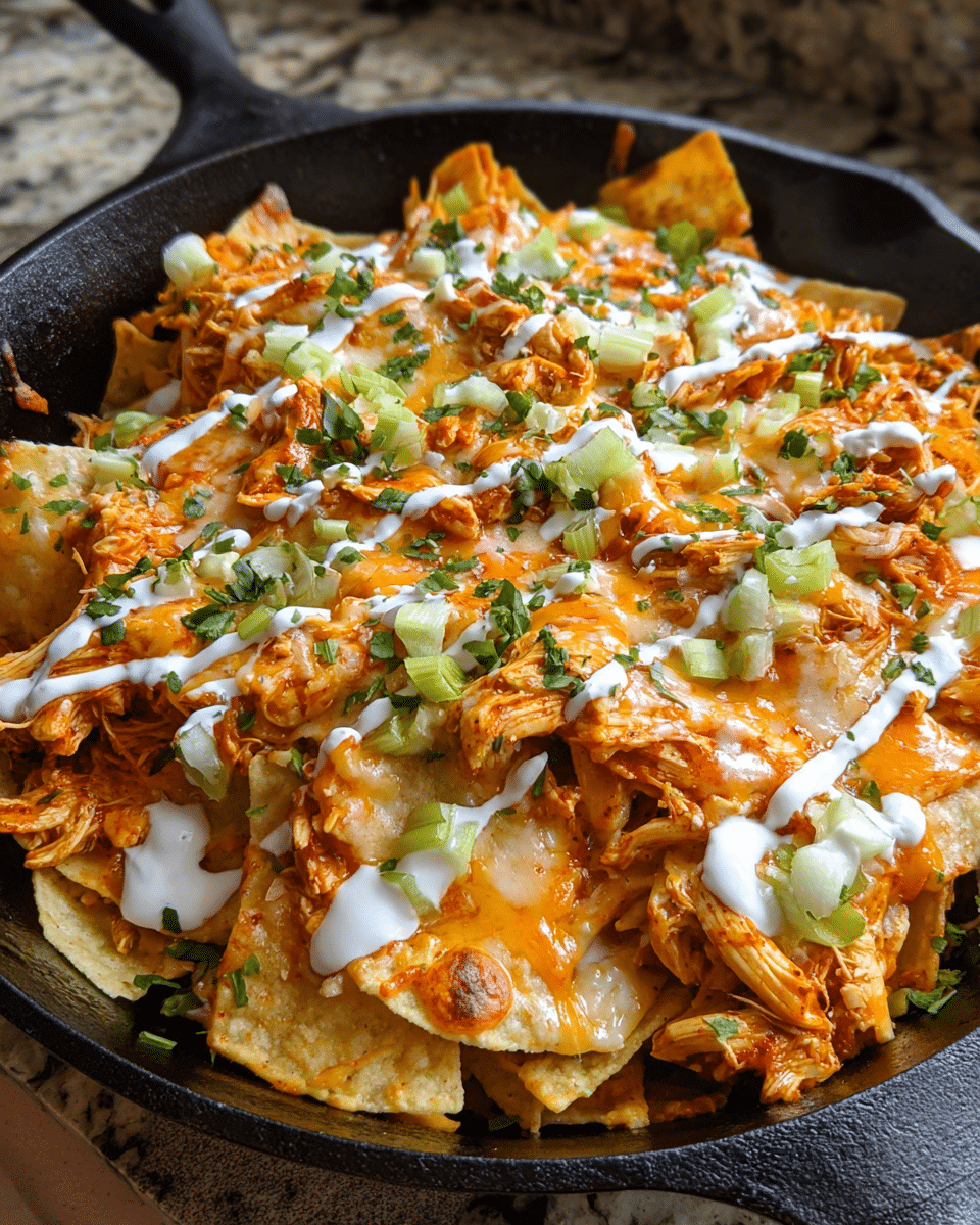 Chicken Alfredo Nacho Skillet with melted cheese and buffalo chicken in cast iron pan