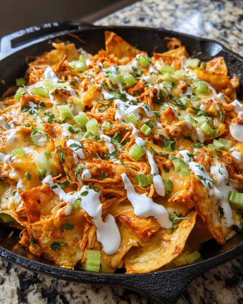 Chicken Alfredo Nacho Skillet with melted cheese and buffalo chicken in cast iron pan
