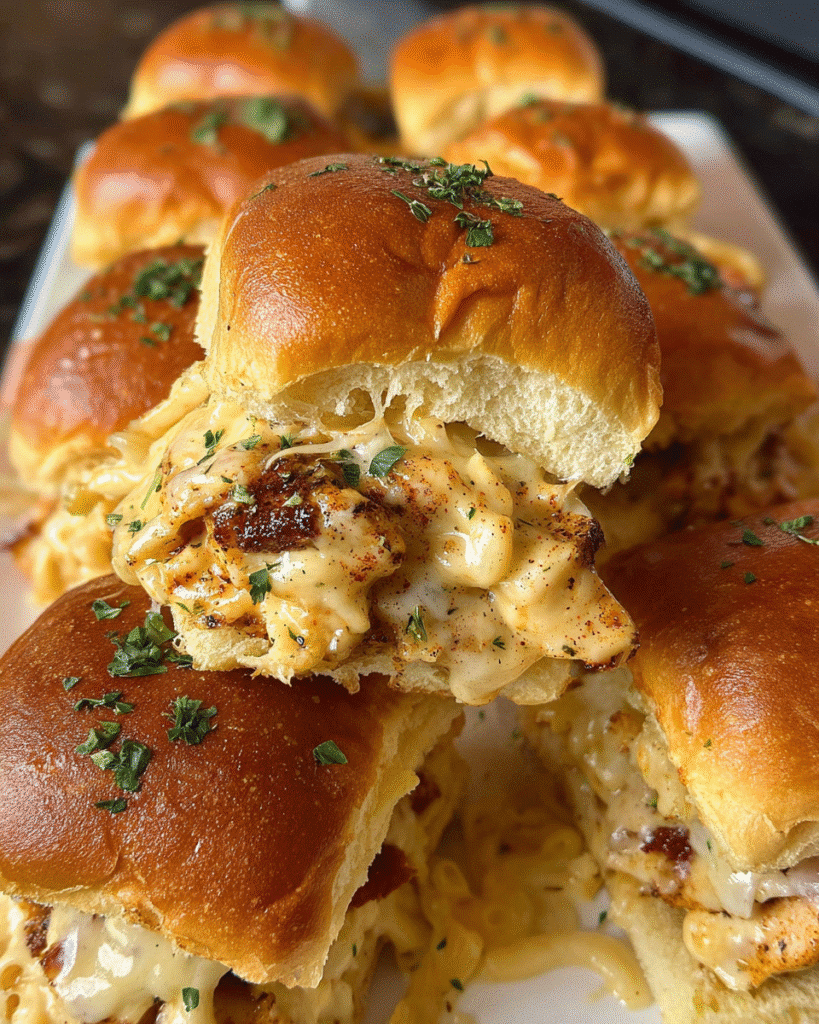 Golden Chicken Alfredo Party Sliders fresh from the oven