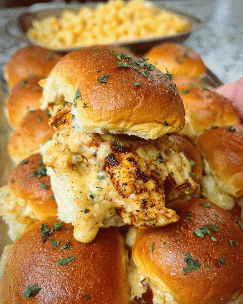 Golden Chicken Alfredo Party Sliders fresh from the oven