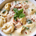 Chicken Alfredo Potato Soup in a bowl with tortellini and fresh basil