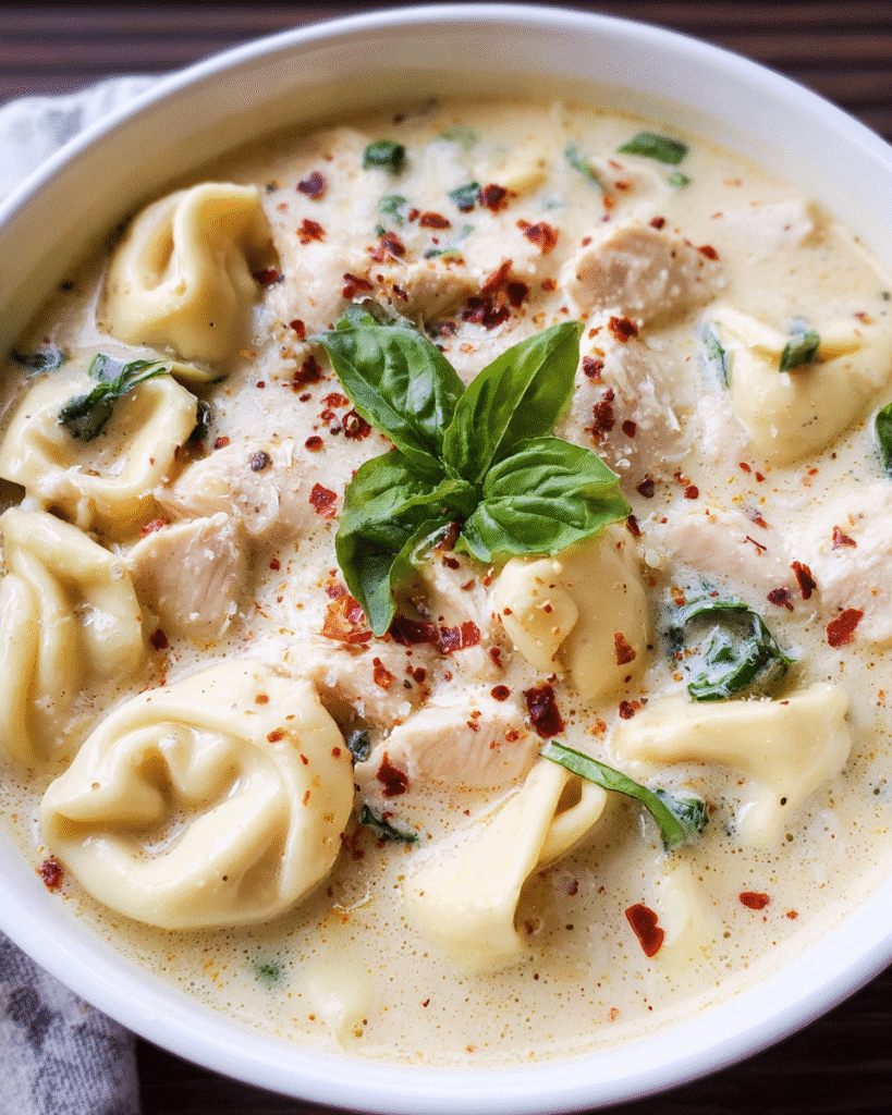Chicken Alfredo Potato Soup in a bowl with tortellini and fresh basil
