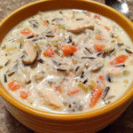 Bowl of creamy Chicken Alfredo Rice Soup with wild rice and chicken