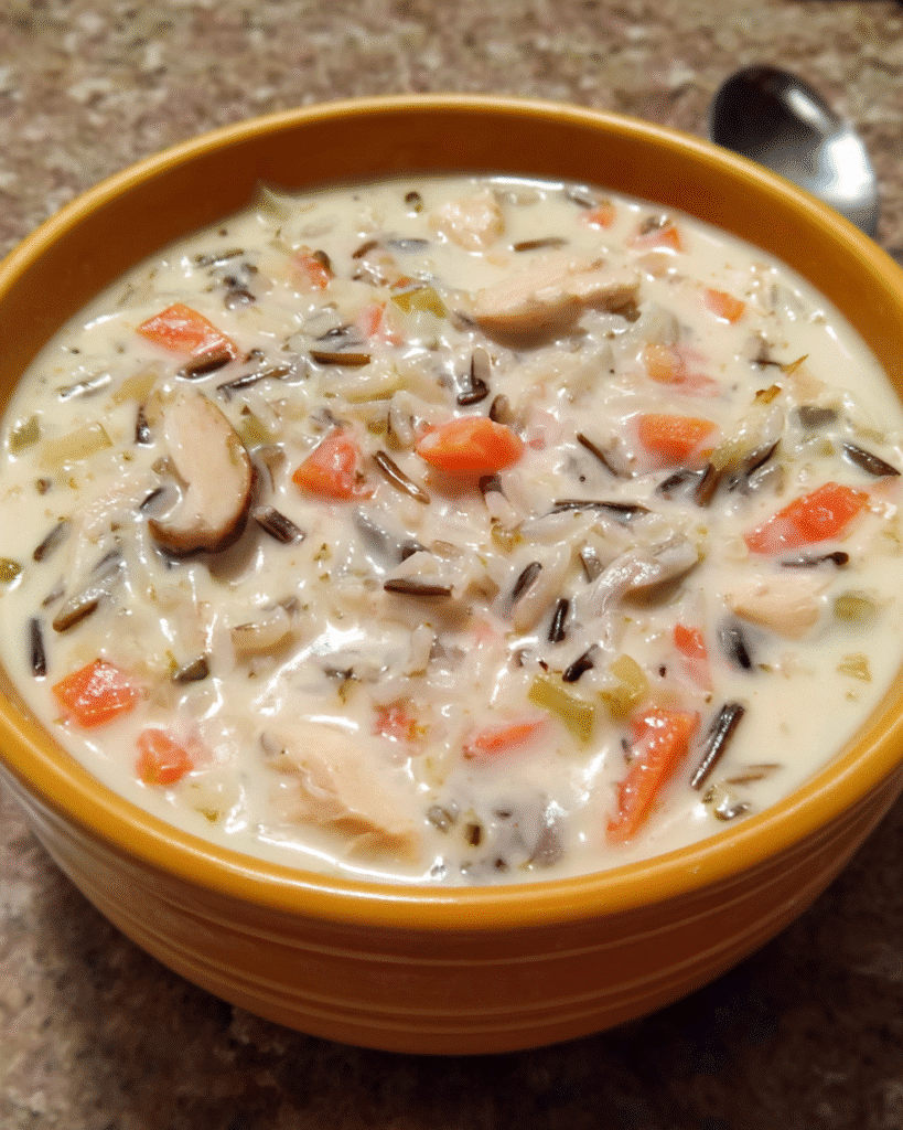 Bowl of creamy Chicken Alfredo Rice Soup with wild rice and chicken