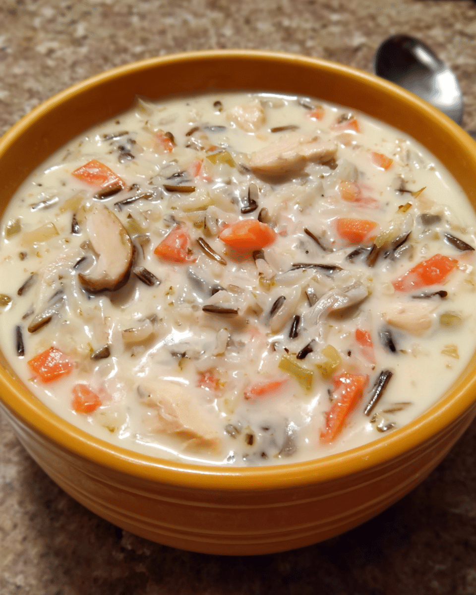 Bowl of creamy Chicken Alfredo Rice Soup with wild rice and chicken
