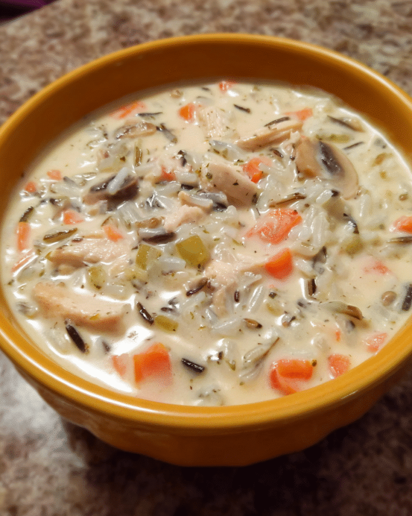 Bowl of creamy Chicken Alfredo Rice Soup with wild rice and chicken