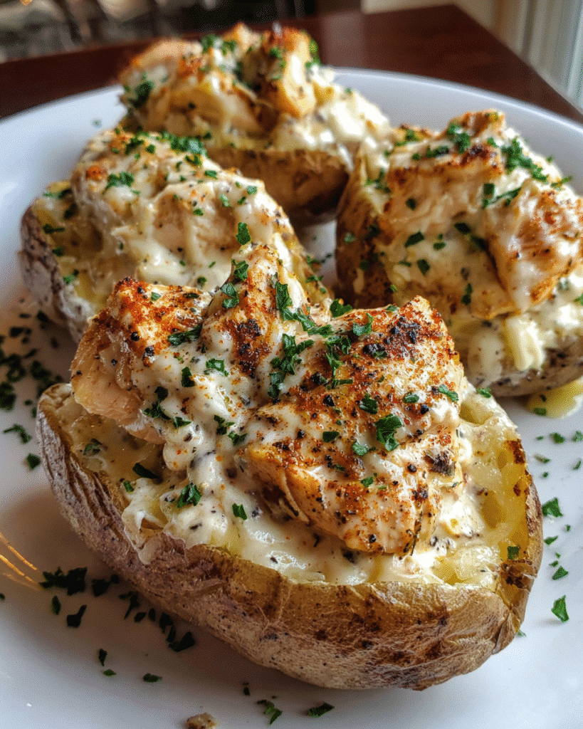Chicken Alfredo Stuffed Potato filled with creamy chicken and Parmesan sauce
