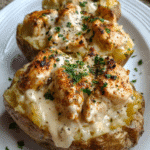 Chicken Alfredo Stuffed Potato filled with creamy chicken and Parmesan sauce