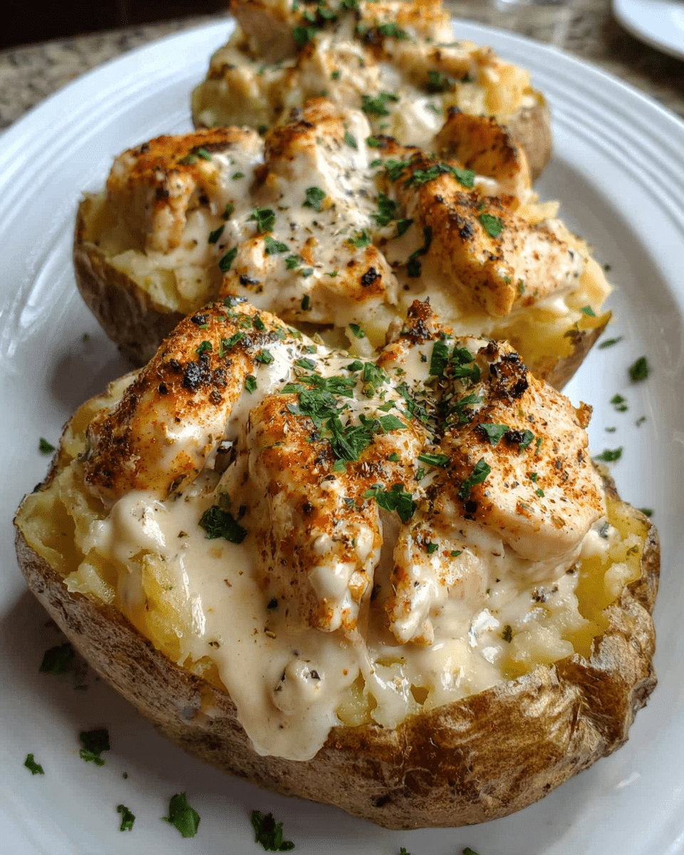 Chicken Alfredo Stuffed Potato filled with creamy chicken and Parmesan sauce