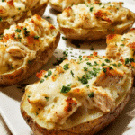 Chicken Alfredo Twice Baked Potatoes topped with melted Parmesan and parsley