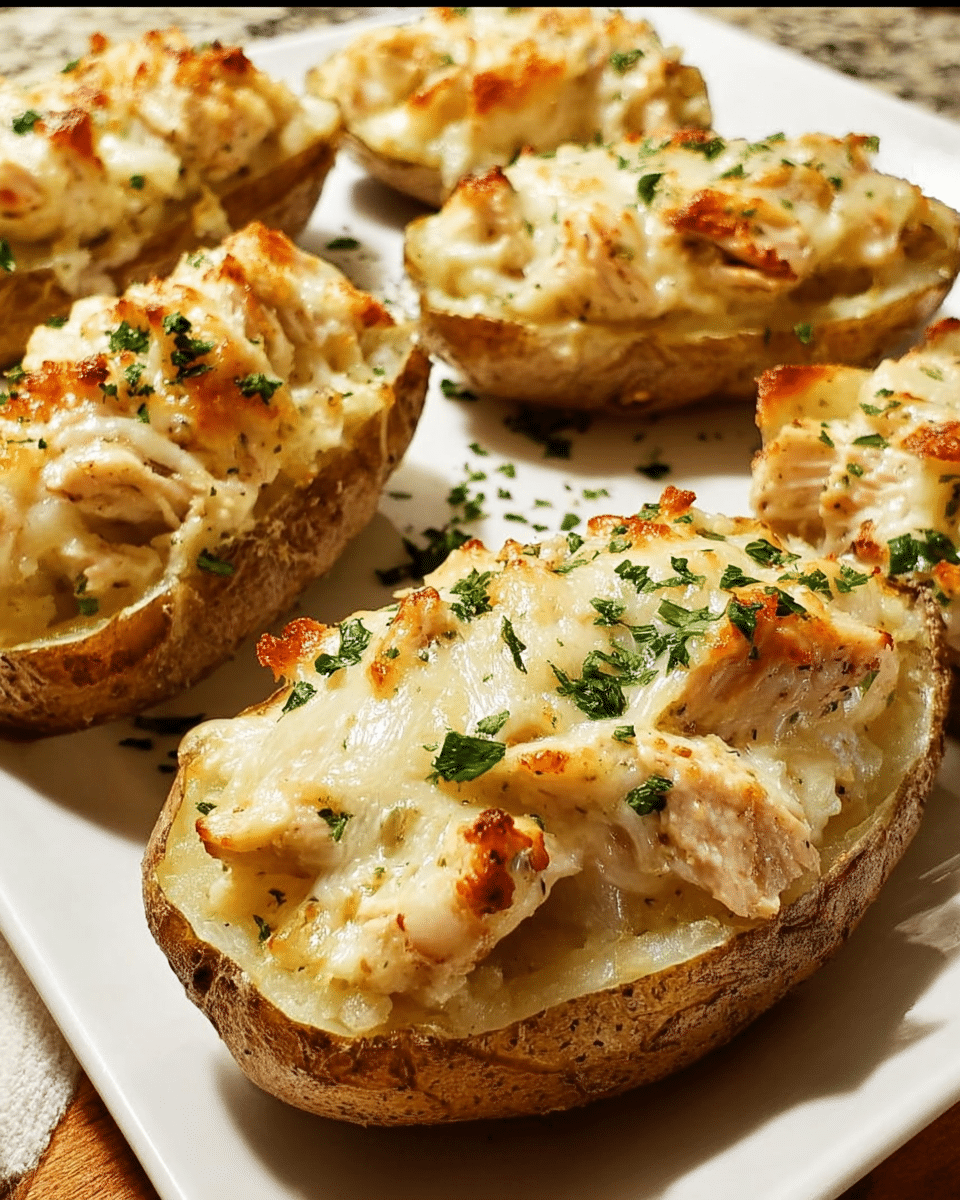 Chicken Alfredo Twice Baked Potatoes topped with melted Parmesan and parsley