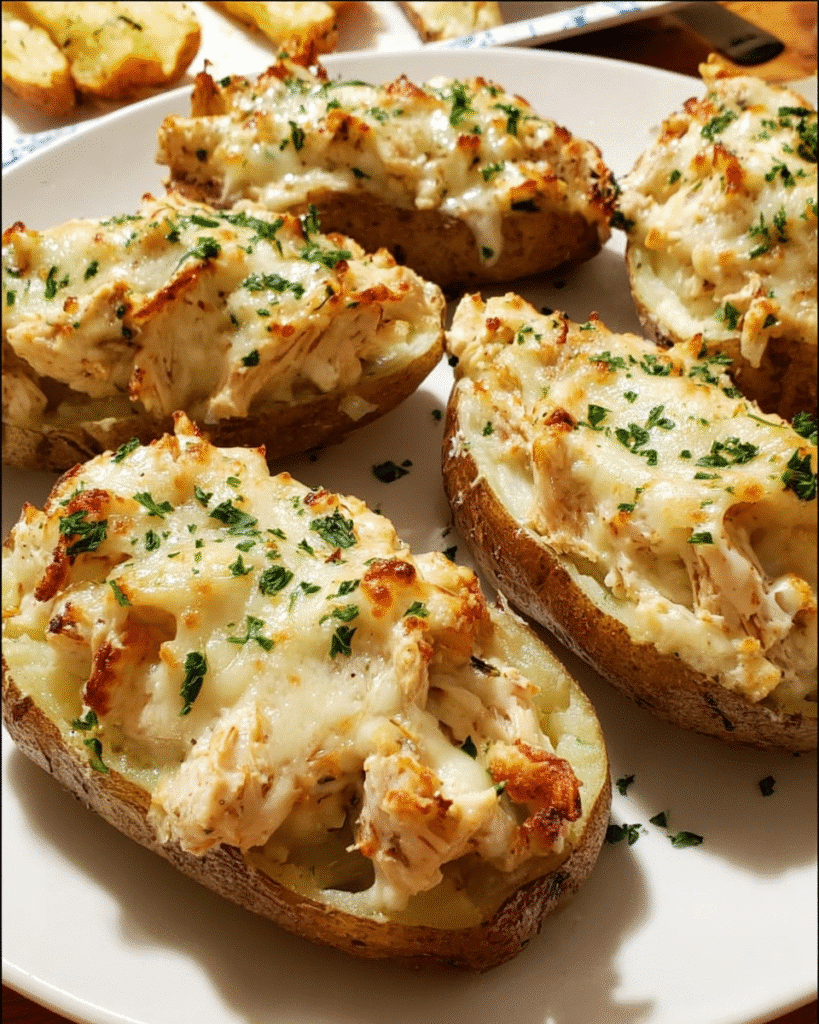 Chicken Alfredo Twice Baked Potatoes topped with melted Parmesan and parsley