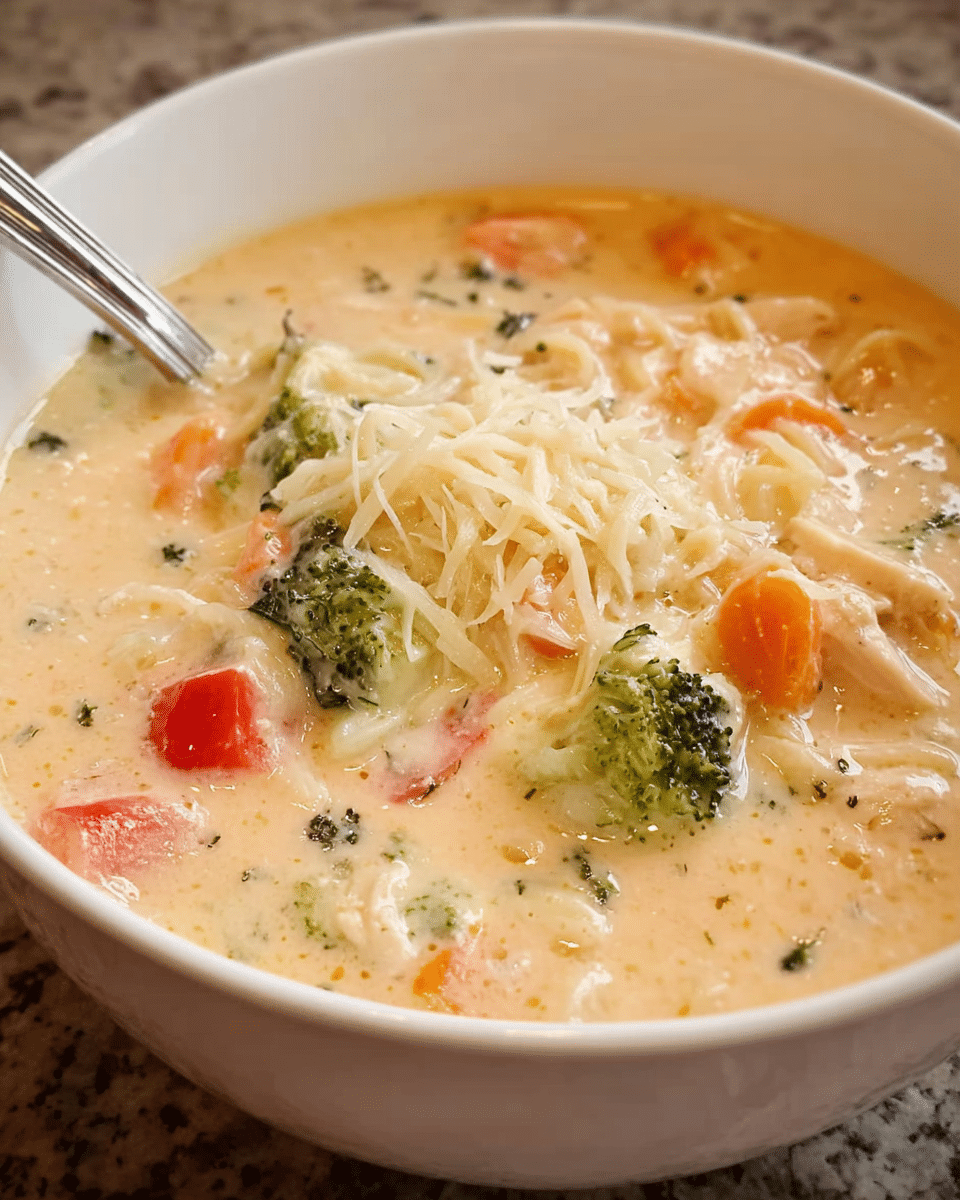 Chicken Alfredo Vegetable Soup in a white bowl with broccoli and chicken