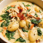 Creamy bowl of Chicken Bacon Gnocchi Soup with spinach